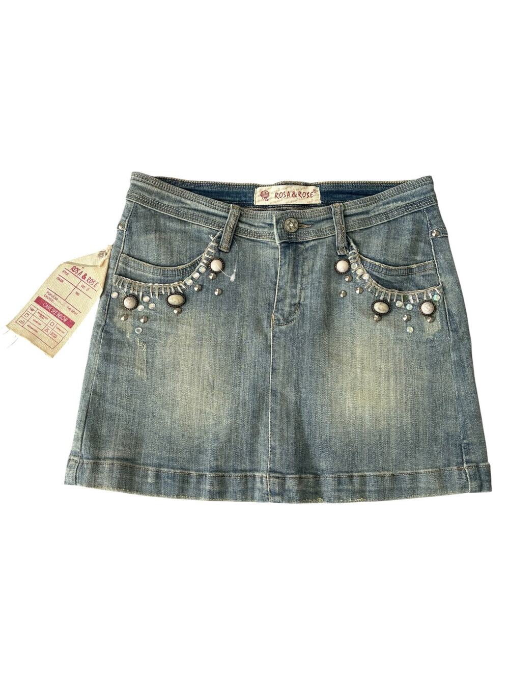 Y2K McBling Denim Mini Skirt Rhinestone Studded Low Rise Western Glam Sz S NWT